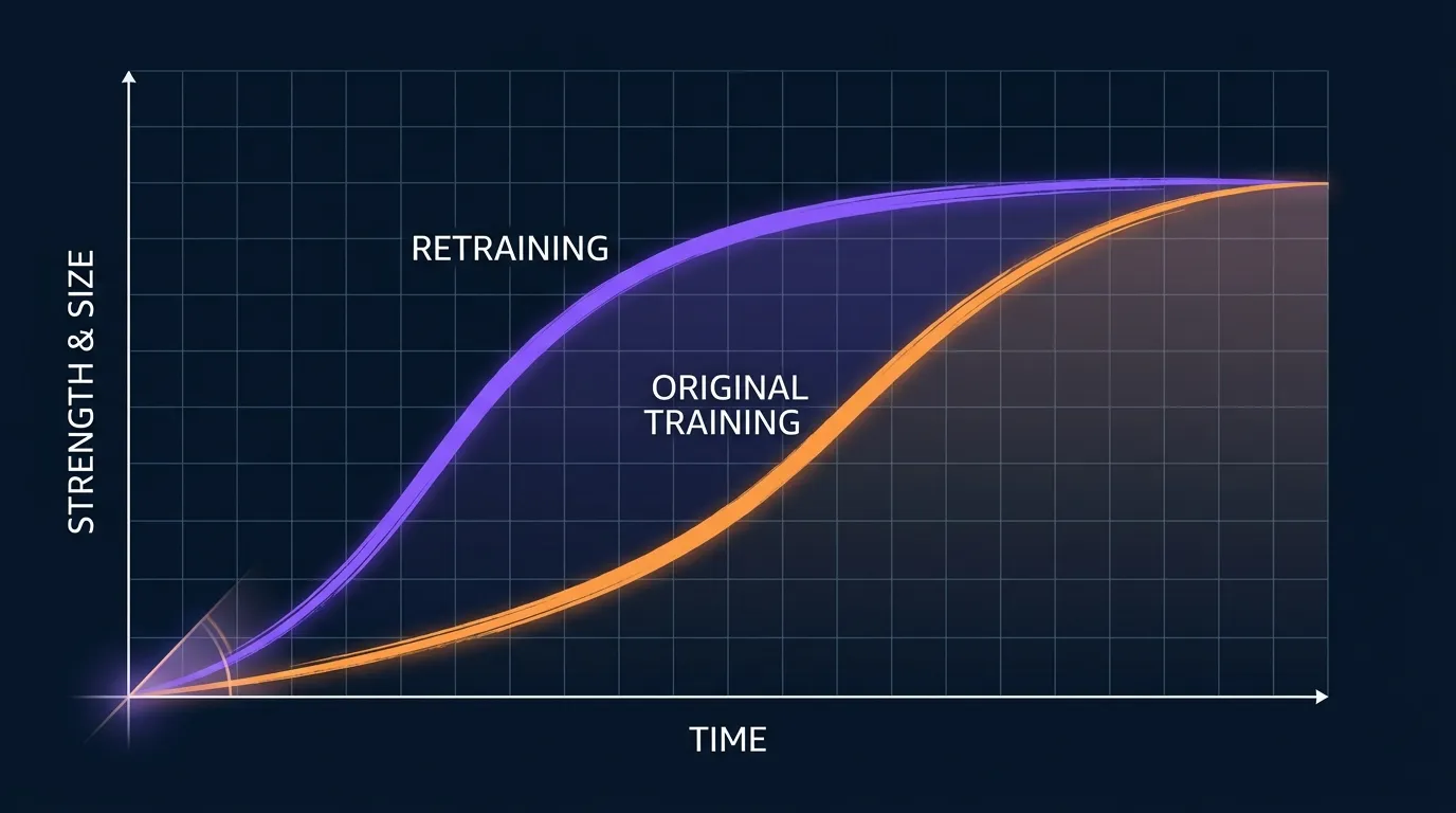 Konzeptioneller Graph, der eine langsame anfängliche Trainingsanpassungskurve einer steileren Wiedereinstiegskurve gegenüberstellt, die eine schnellere Erholung von Kraft und Größe nach dem Detraining zeigt