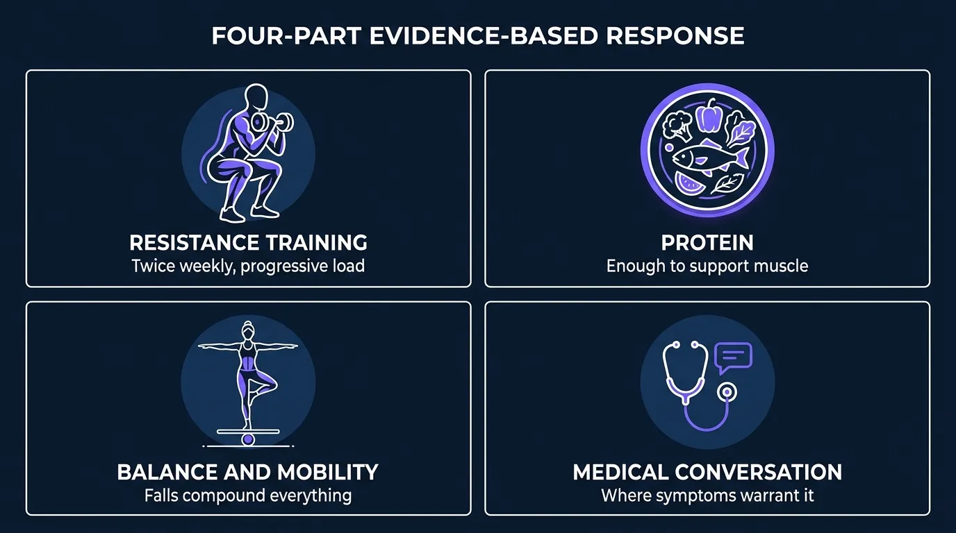 Concept illustration showing the four-part evidence-based response to the musculoskeletal syndrome of menopause: resistance training, protein, balance work, and medical conversation