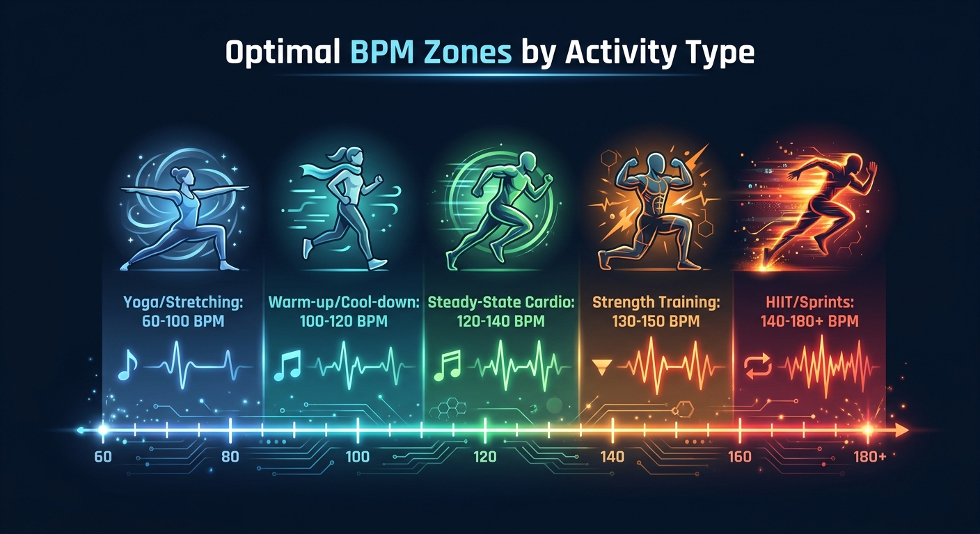 BPM tempo zones for different workout activities showing optimal ranges from 60 BPM for yoga to 180+ BPM for HIIT and sprints
