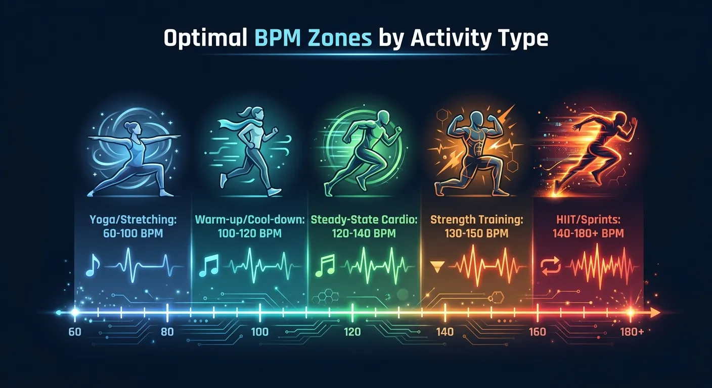 BPM-Tempozonen für verschiedene Workout-Aktivitäten, die optimale Bereiche von 60 BPM für Yoga bis 180+ BPM für HIIT und Sprints zeigen