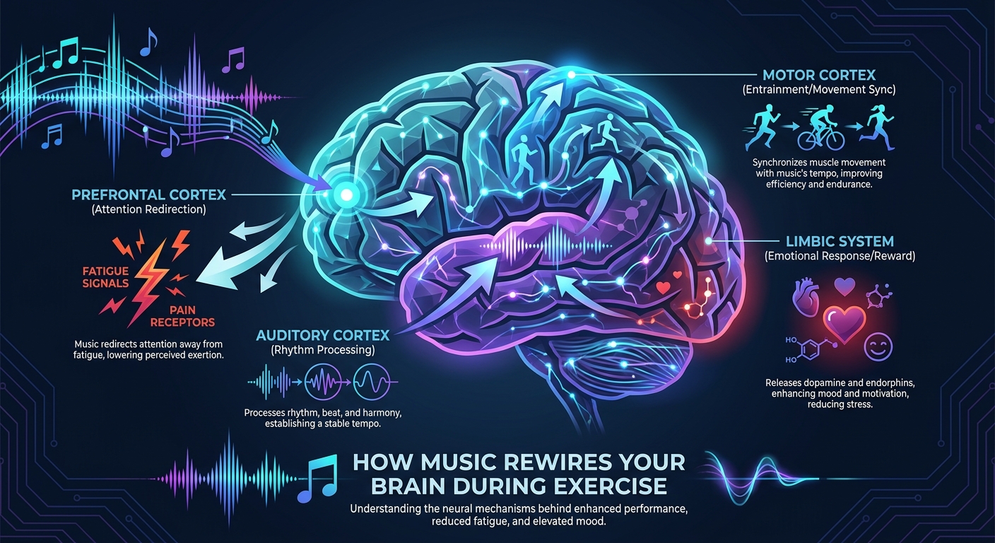 Brain mechanisms showing how music rewires neural pathways during exercise by redirecting attention from fatigue signals through auditory and motor cortex activation