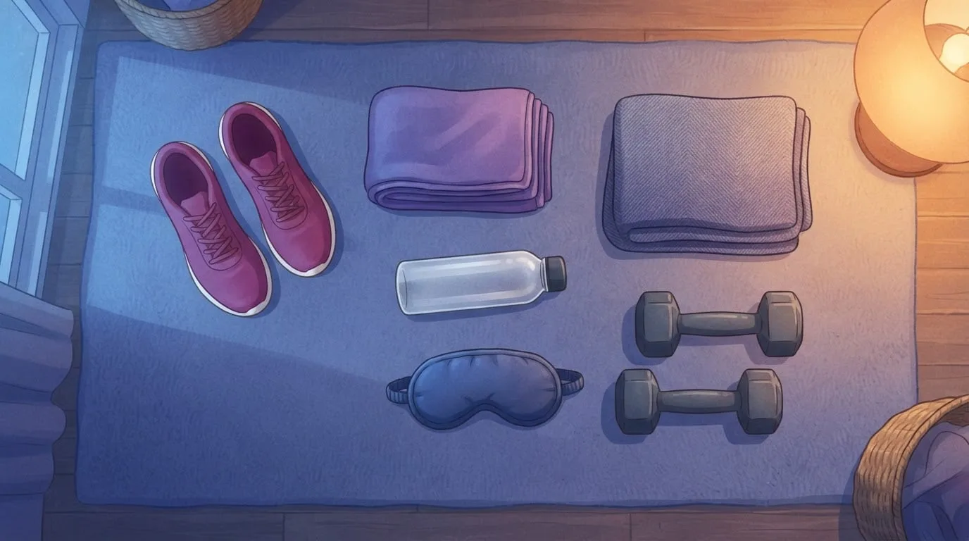 Overhead view of magenta sneakers, a folded towel, a water bottle, a sleep mask, a folded blanket and a pair of dumbbells laid out on an indigo rug for a workout followed by a nap
