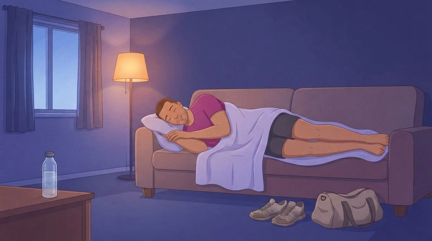 A man in a magenta t-shirt and training shorts takes a nap after a workout on a sofa in a dim living room lit by a warm lamp, his sneakers and gym bag on the floor