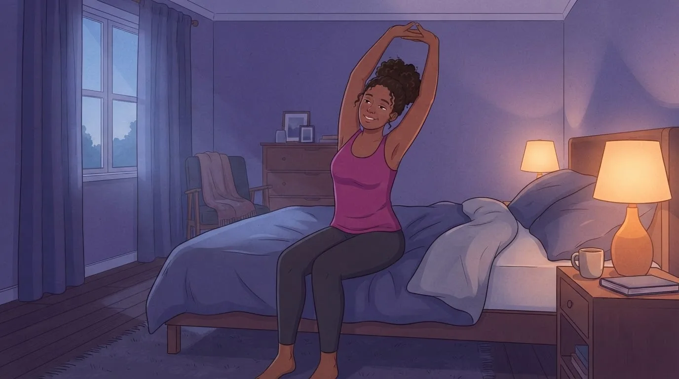 A woman in a magenta tank top sits on the edge of her bed and stretches her arms overhead after waking from a post-workout nap in a dim violet bedroom lit by bedside lamps