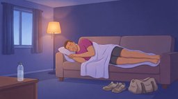 A man in a magenta t-shirt and training shorts takes a nap after a workout on a sofa in a dim living room lit by a warm lamp, his sneakers and gym bag on the floor