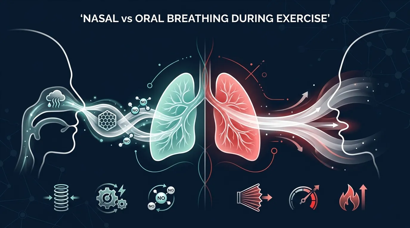 Conceptual illustration contrasting nasal and oral breathing pathways during exercise showing the nasal route with added humidification filtration and nitric oxide autoinhalation versus the oral route with higher peak ventilation capacity