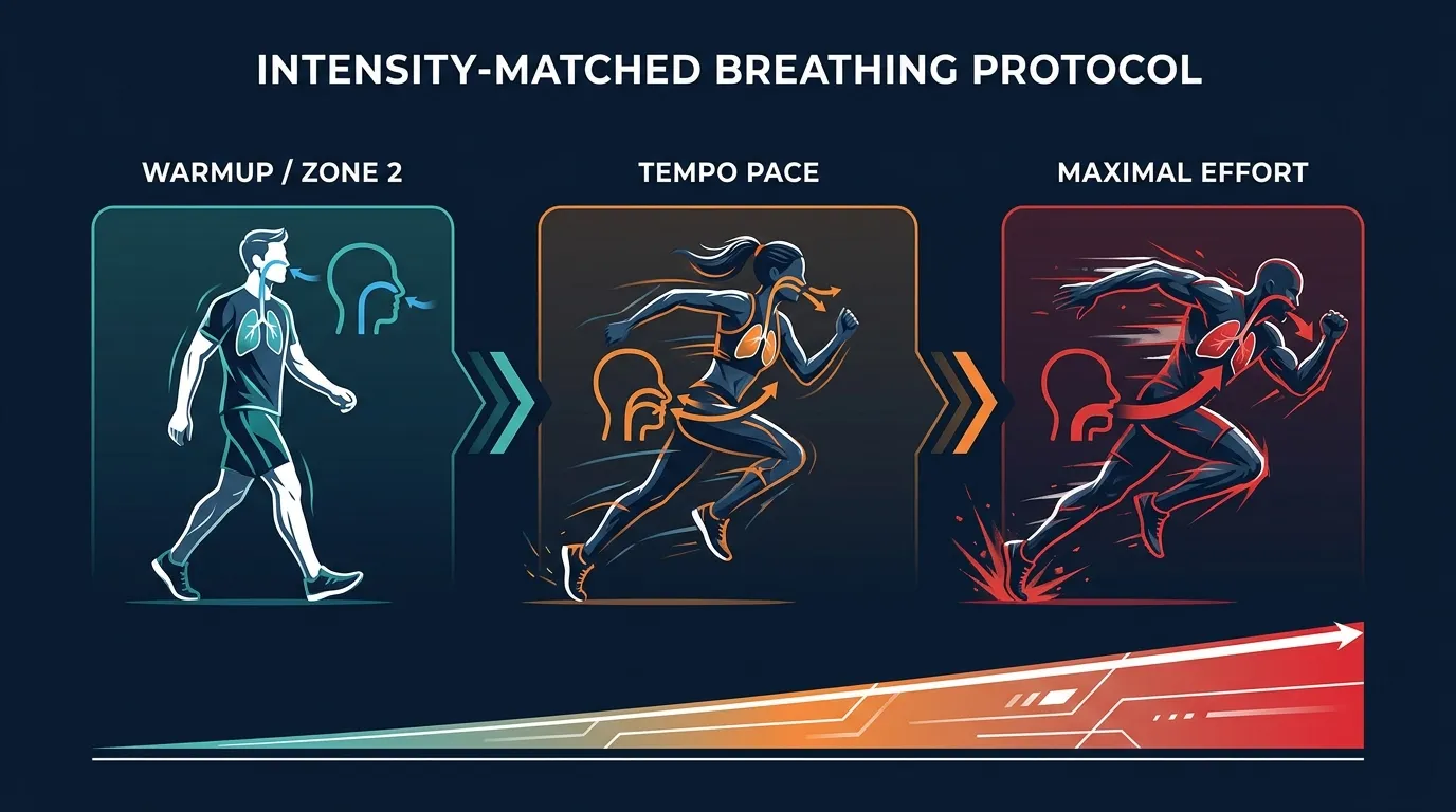 Conceptual illustration showing a stepped protocol for intensity matched breathing with nasal breathing during warm up and zone 2 transitioning to oronasal breathing at threshold and mouth dominant breathing during intervals and sprints
