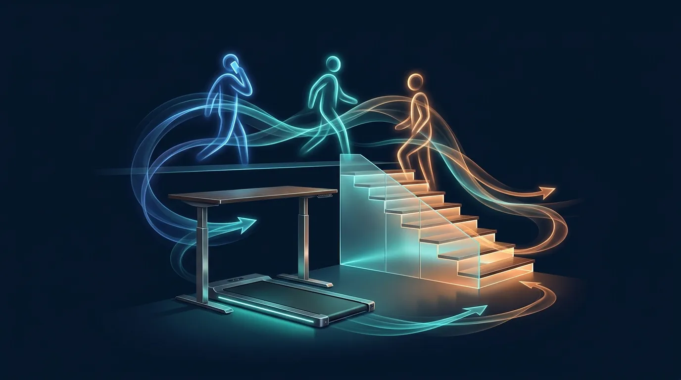 Visual concept of environmental design for NEAT showing default movement triggers like standing desks walking meetings stairs and incidental activity built into daily routine