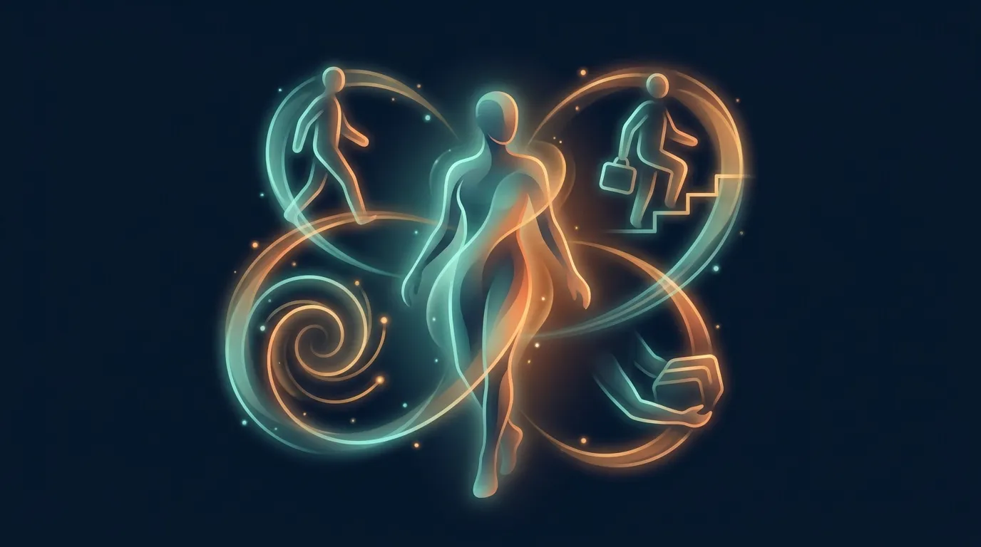 Ilustração conceitual da termogênese por atividade não relacionada ao exercício mostrando movimento incidental diário como ficar de pé caminhar e se agitar como um orçamento energético separado do exercício formal