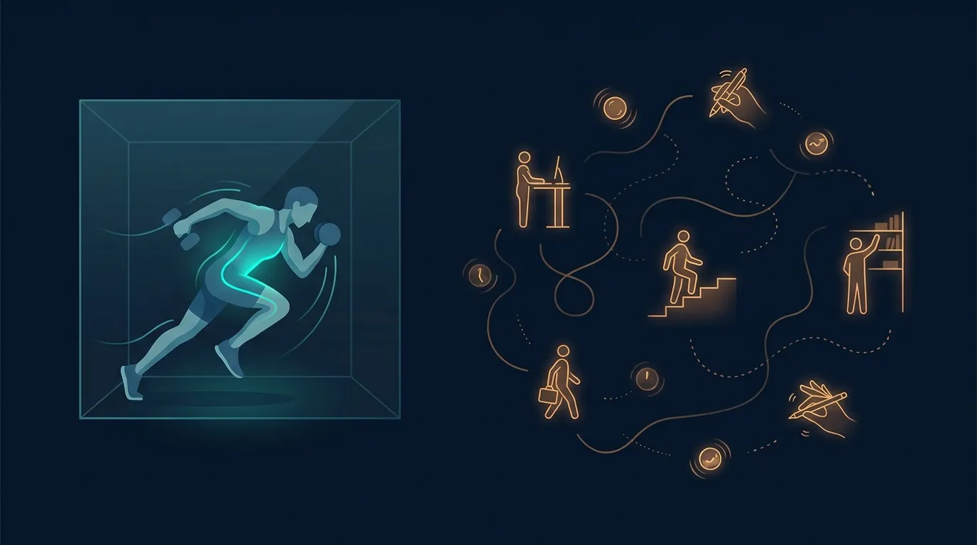 Ilustração conceitual comparando como o NEAT e o exercício formal contribuem para o gasto energético diário total mostrando o NEAT como o componente maior e mais variável