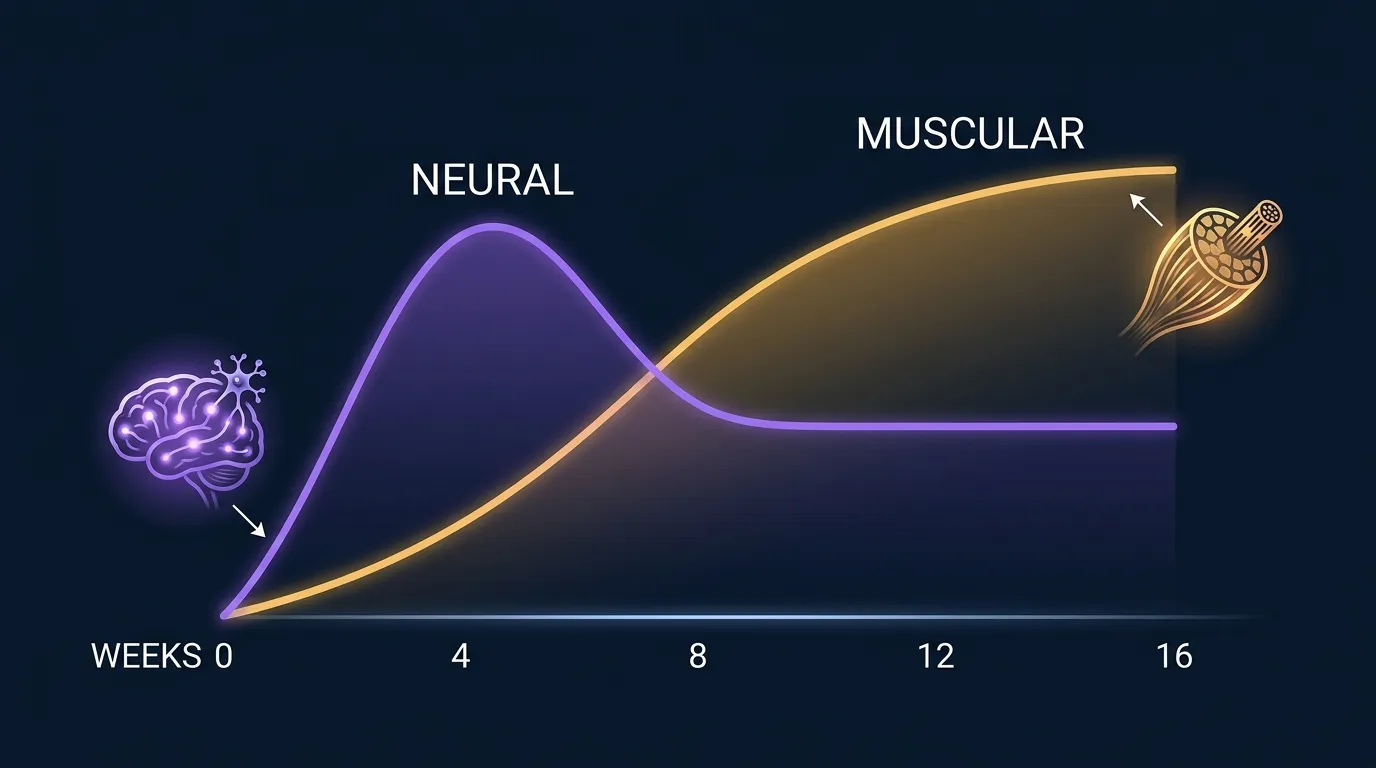 Editorial chart contrasting the early neural adaptation window of strength training in weeks 1 to 8 with the later muscle hypertrophy contribution from weeks 8 onward