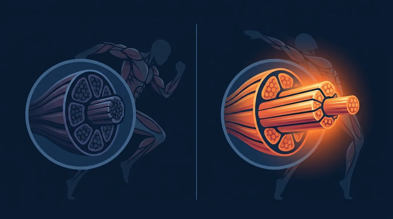 Ilustração comparando o isquiotibial em comprimento curto e longo, com uma seta destacando a posição alongada onde o nordic curl treina a força excêntrica