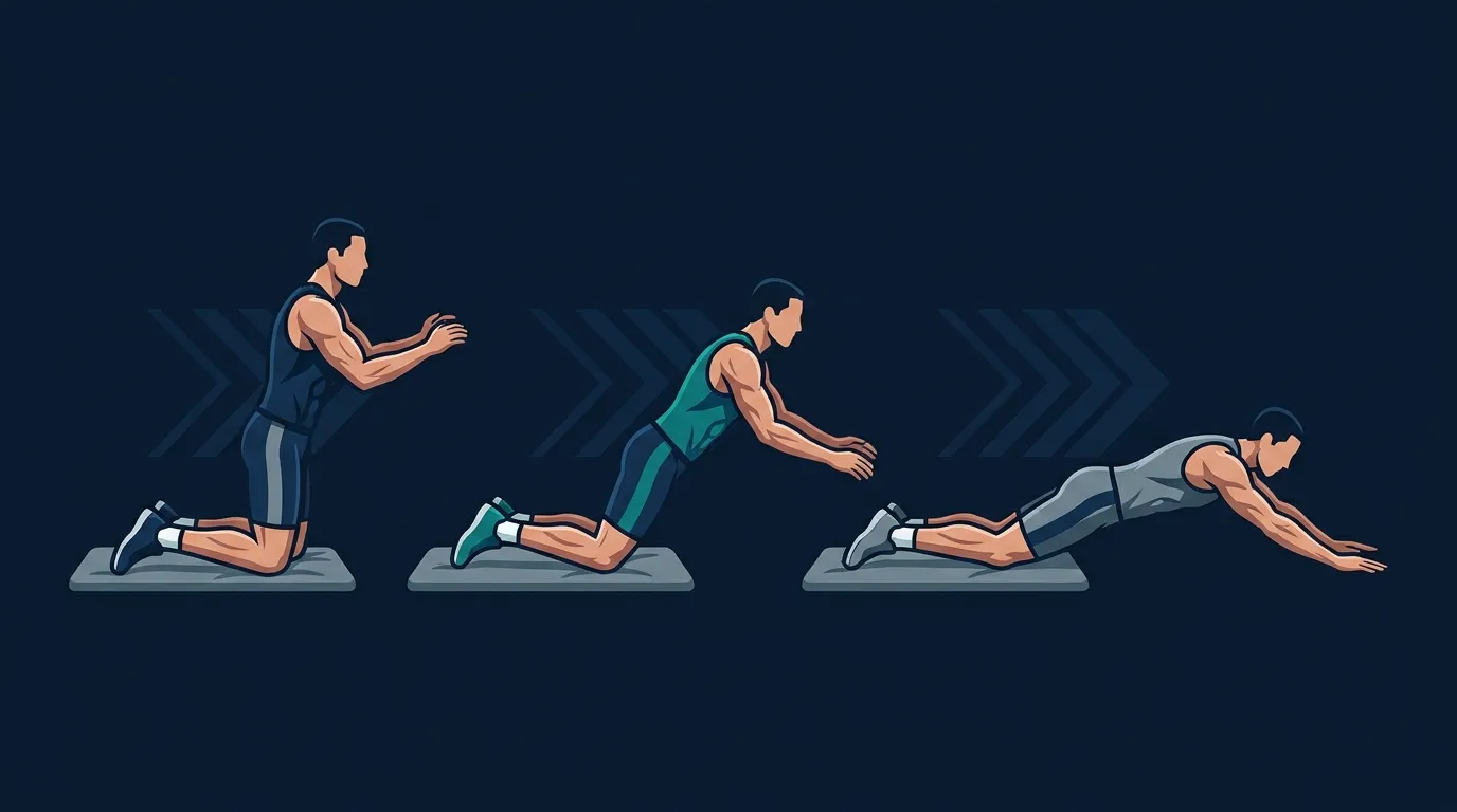 Ilustração de uma progressão de nordic hamstring curl mostrando um iniciante realizando um excêntrico em amplitude curta e um atleta avançado descendo quase até o chão com controle