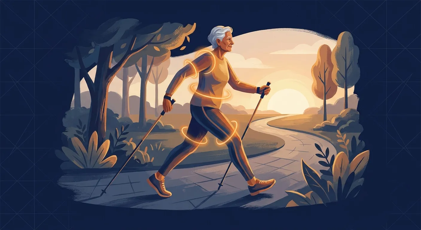Ilustração conceitual de um adulto mais velho praticando Nordic walking ao ar livre, mostrando engajamento equilibrado de corpo inteiro entre braços, tronco e pernas