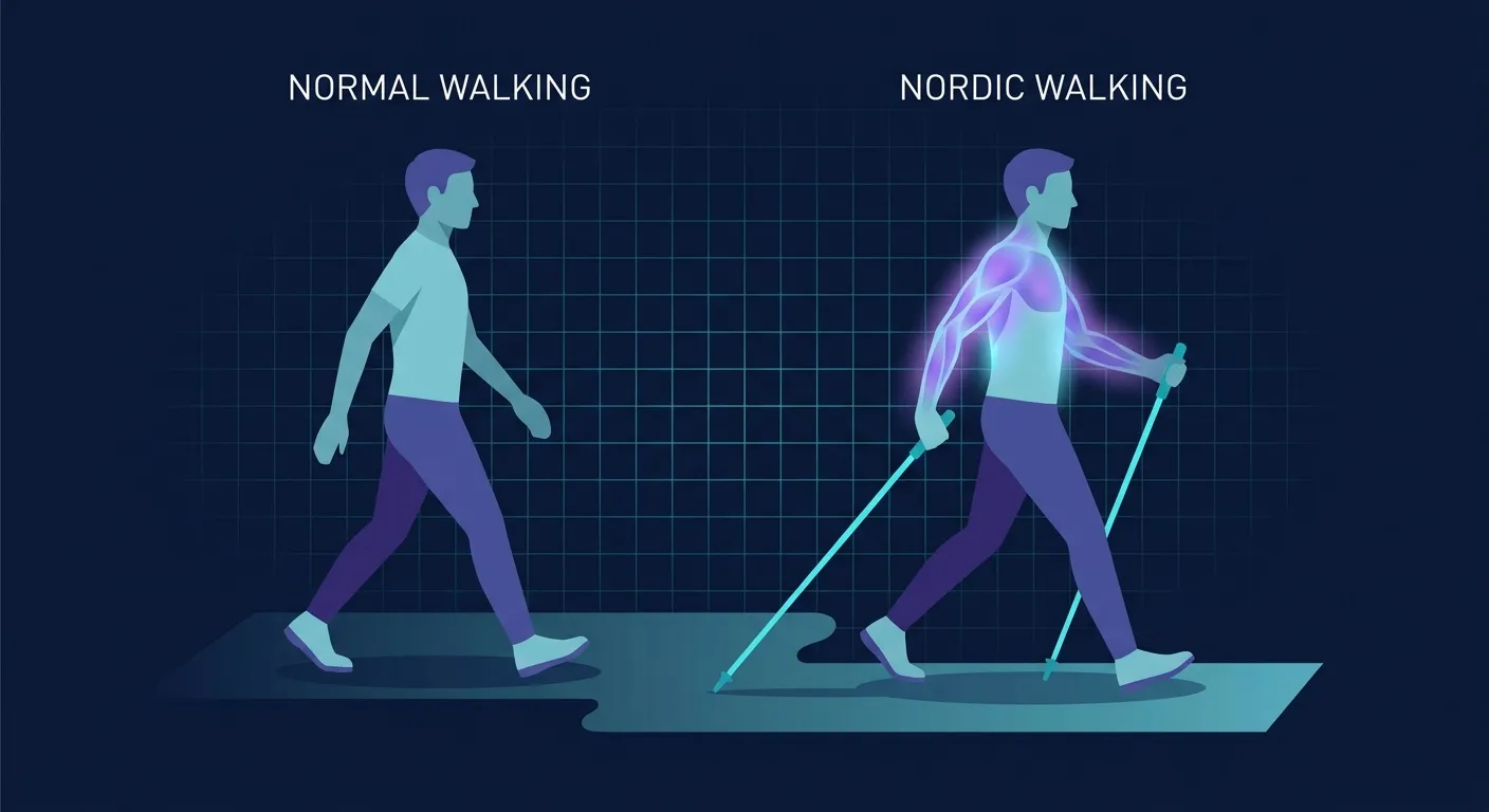 Ilustração comparando uma passada de caminhada normal com uma passada de Nordic walking, com dois bastões empurrando para trás atrás do quadril e os braços, ombros e parte superior das costas engajados