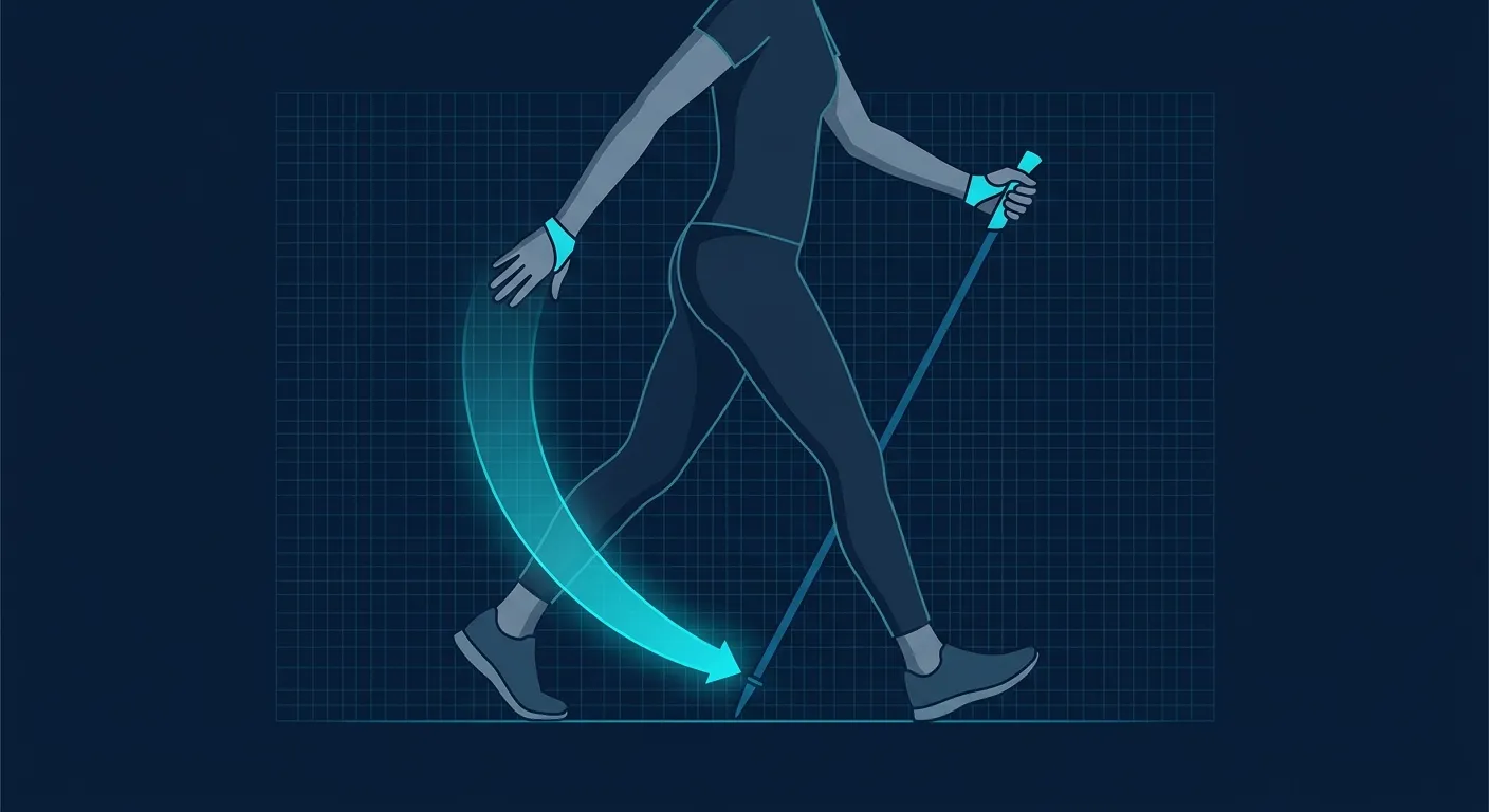 Ilustração conceitual mostrando o plantio correto do bastão de Nordic walking angulado para trás ao lado do pé oposto, com o braço empurrando o bastão atrás do quadril