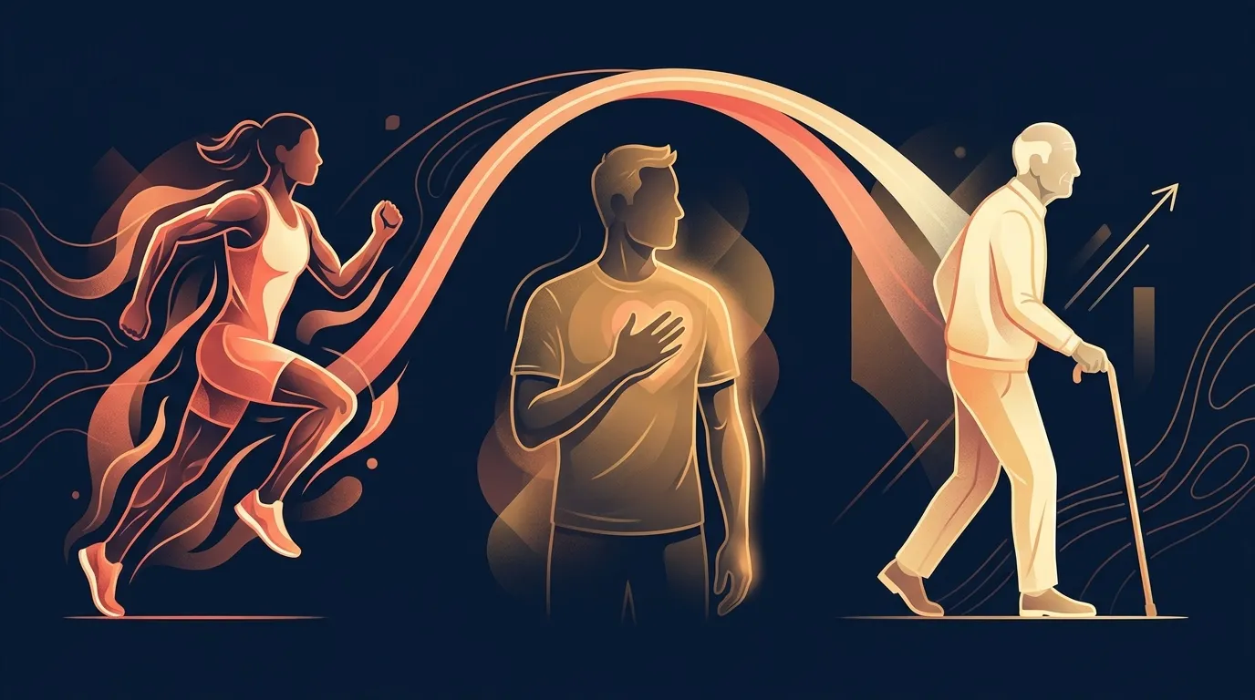 Editorial illustration of three abstract figure groups representing athletes, heart-failure patients, and older adults, all linked by a shared rising fitness curve