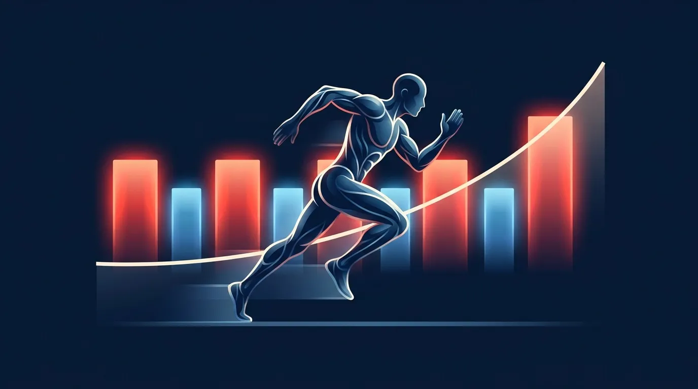 Editorial illustration of a running figure cycling through four hard interval blocks separated by recovery, with a rising arc representing climbing VO2 max