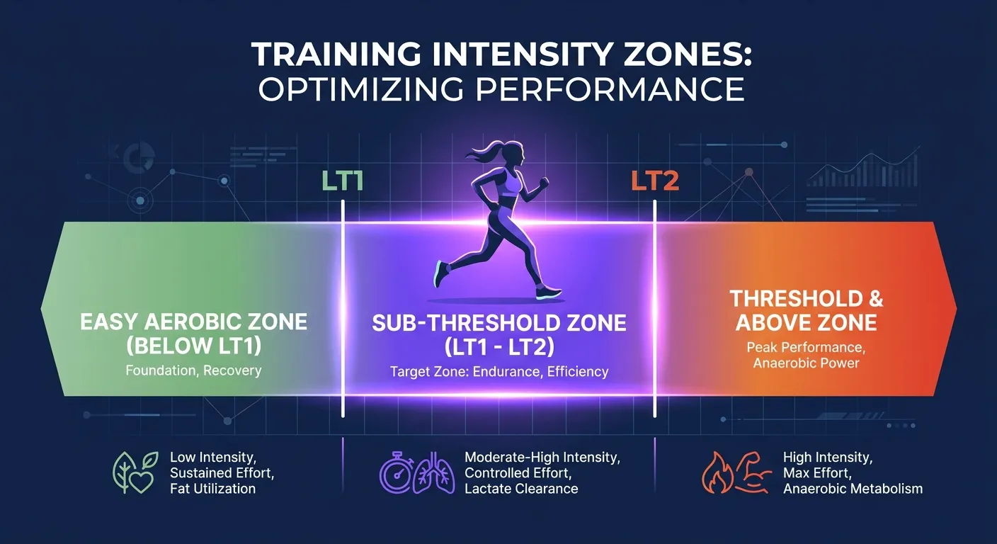 Konzeptionelle Illustration des Drei-Zonen-Modells der Trainingsintensität, das die unterschwellige Zone zwischen der ersten und zweiten Laktatschwelle zeigt, in der die Einheiten der norwegischen Singles-Methode stattfinden