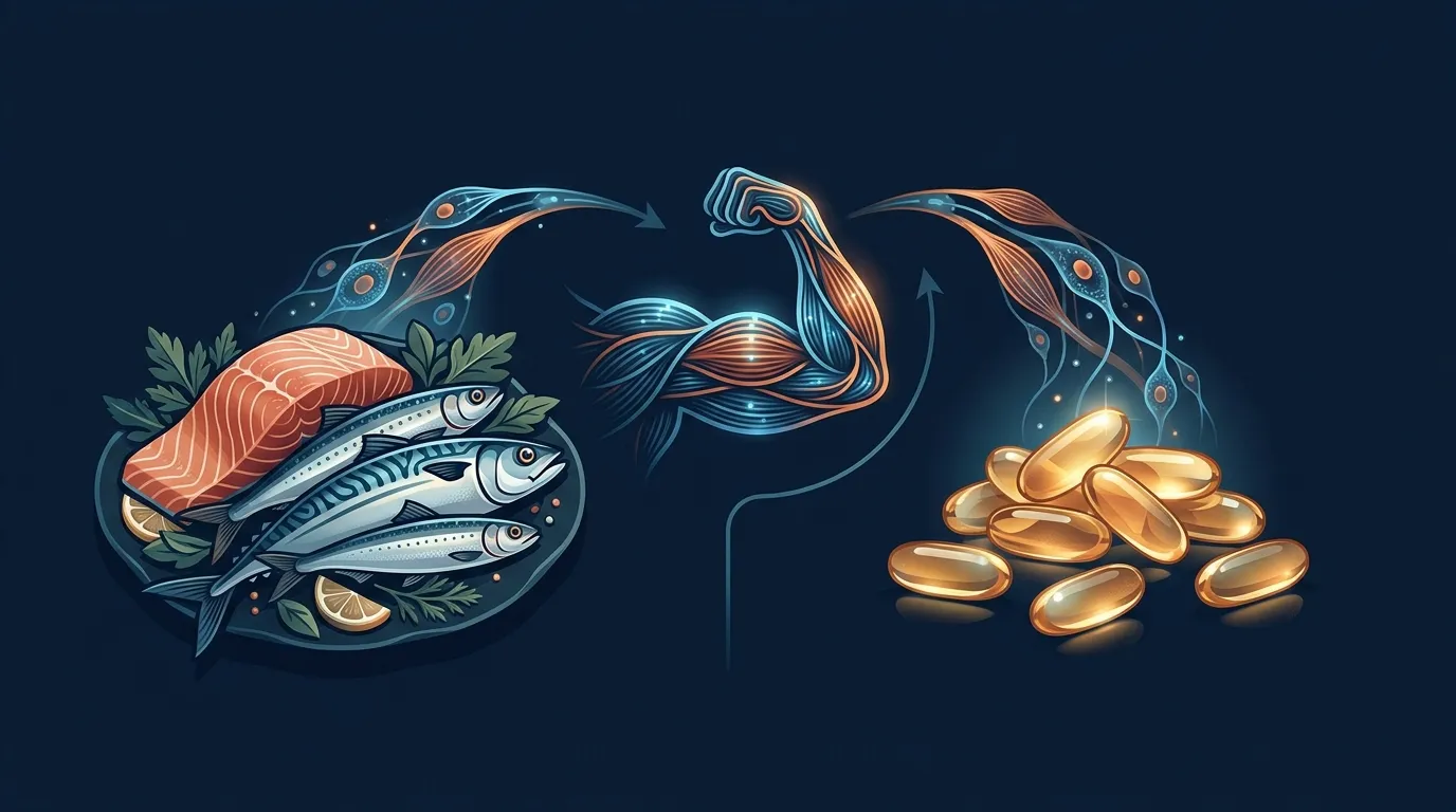 Conceptual illustration comparing fatty fish servings and concentrated fish oil supplement capsules as omega-3 sources for muscle health