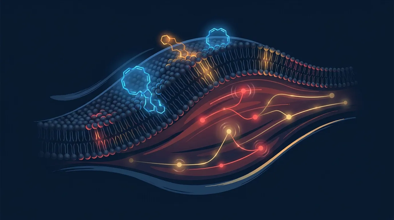 Conceptual illustration of EPA and DHA omega-3 fatty acids incorporating into a skeletal muscle cell membrane and boosting muscle protein synthesis signaling