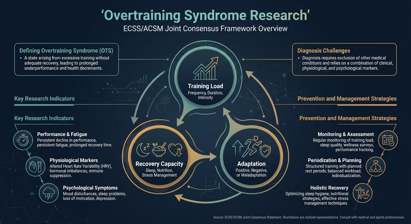 Infographic overview of overtraining syndrome research showing the ECSS/ACSM joint consensus framework for training load, recovery capacity, and adaptation