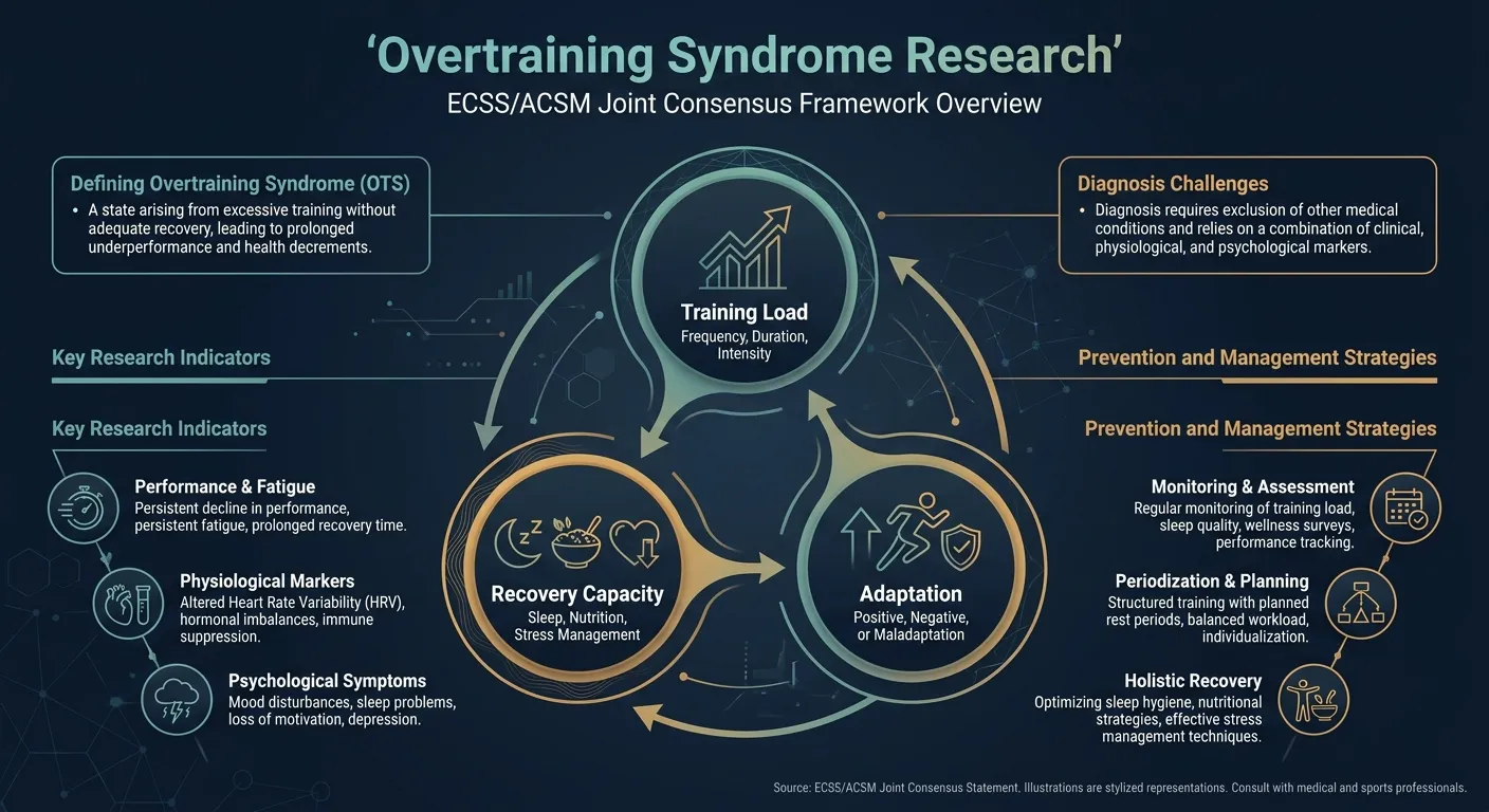 Infografik-Überblick der Übertrainingssyndrom-Forschung, die das gemeinsame ECSS/ACSM-Konsensrahmen für Trainingsbelastung, Erholungskapazität und Anpassung zeigt