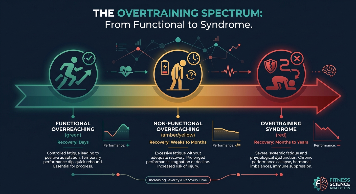 Diagram of the overtraining spectrum showing three stages: functional overreaching (days to recover), non-functional overreaching (weeks to months), and overtraining syndrome (months to years)