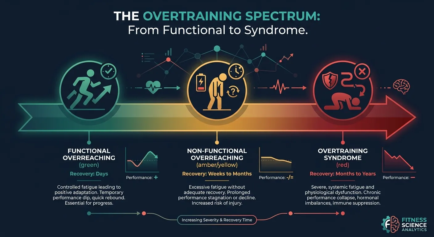 Diagramm des Übertrainingsspektrums mit drei Stadien: funktionelles Überfordern (Tage bis zur Erholung), nicht-funktionelles Überfordern (Wochen bis Monate) und Übertrainingssyndrom (Monate bis Jahre)