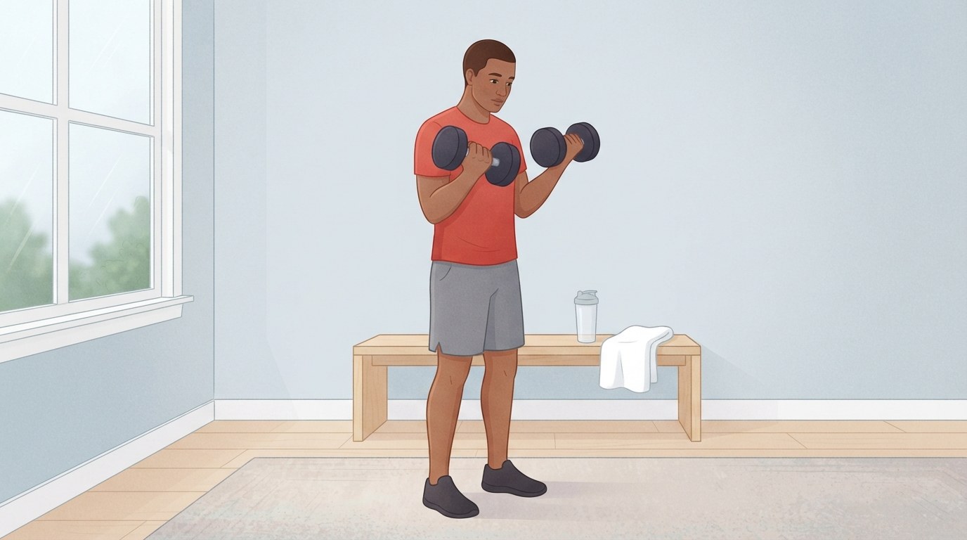 Um homem de camiseta vermelho-tomate fazendo rosca bíceps em pé com halteres em uma sala clara de paredes cinza-azuladas pálidas e piso de madeira de bétula, com uma garrafa mixer transparente sobre um banco atrás dele