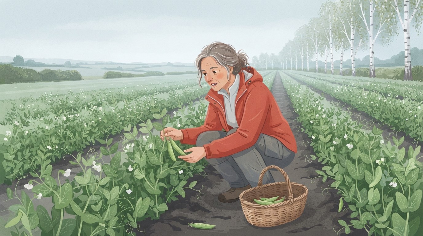 Vista ampla de um campo de ervilhas verdes em fileiras alinhadas sob um céu nublado pálido, com uma mulher de jaqueta vermelho-tomate agachada examinando as vagens e uma fileira de bétulas ao longe