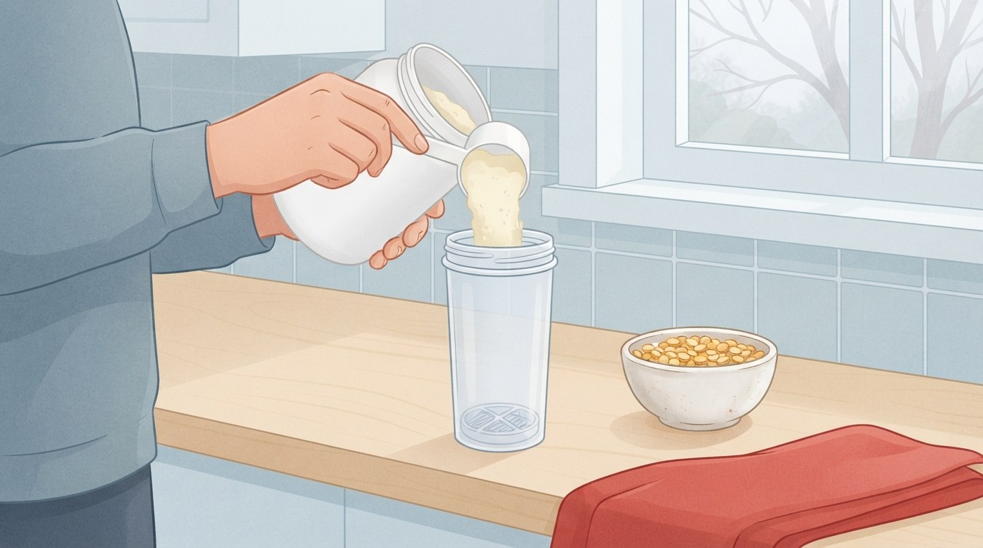 Close de mãos despejando uma medida de proteína de ervilha em pó amarelo-claro de um pote liso sem rótulo em uma garrafa mixer transparente sobre uma bancada de madeira de bétula, ao lado de uma tigela de ervilhas amarelas partidas secas