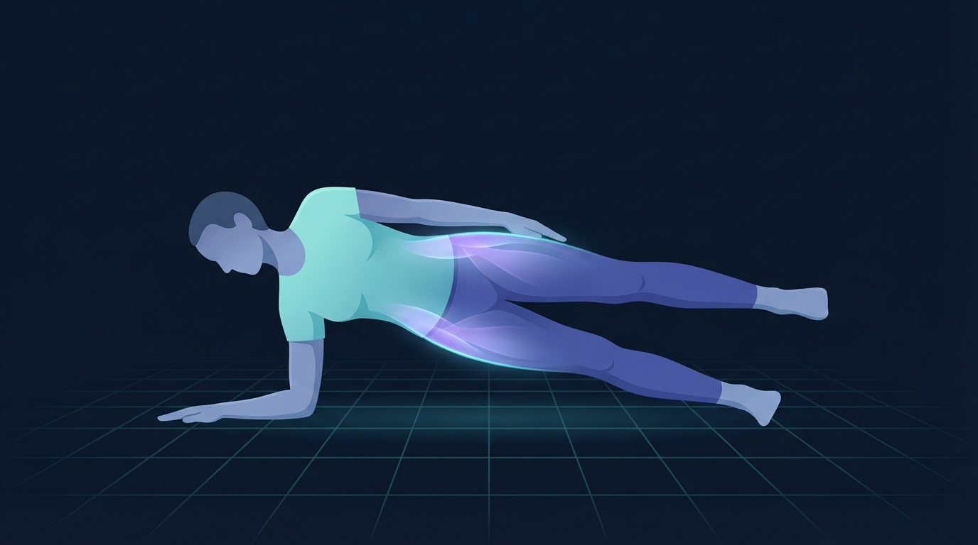 Stilisierte Illustration einer Person, die eine Seitplanke auf einem Unterarm hält mit dem oberen Bein angehoben, wobei der Gluteus medius und die schrägen Bauchmuskeln leuchten