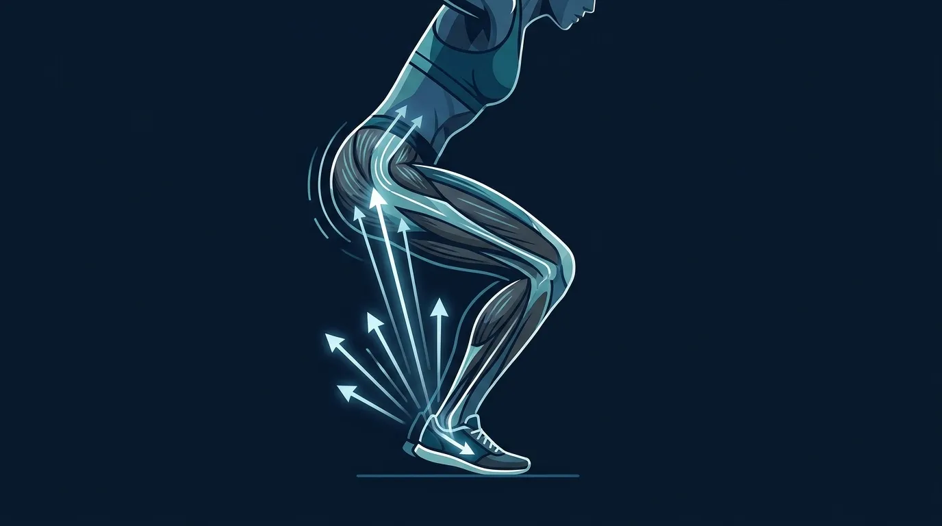 Abstrakte konzeptionelle Illustration der Sprunglandemechanik, die die Hüft-Knie-Knöchel-Ausrichtung während der Verzögerungsphase eines Gegenbewegungssprungs ohne spezifische Zahlen oder Beschriftungen zeigt