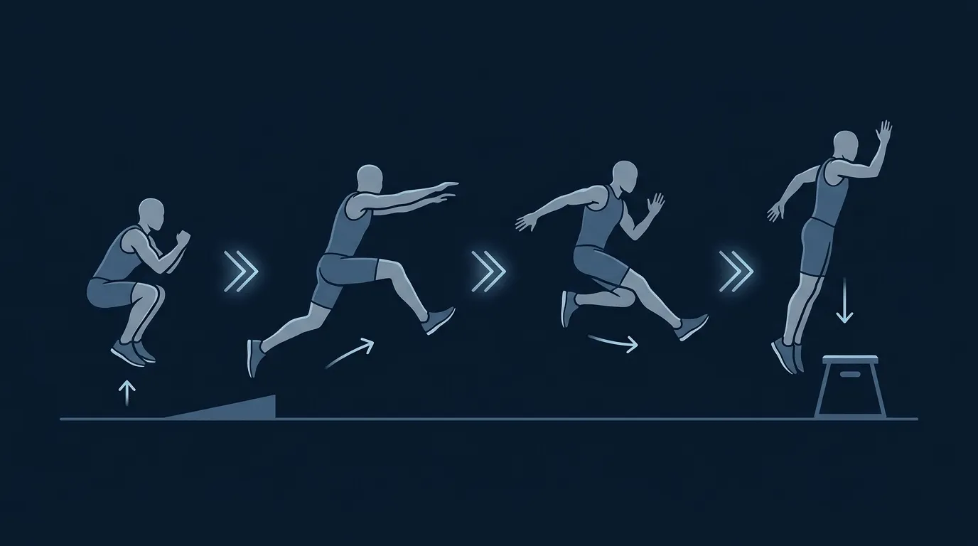 Abstrakte konzeptionelle Illustration einer 12-Wochen-plyometrischen Programmierungsprogression von beidbeinigen Sprüngen zu einbeinigen und Depth Jumps ohne spezifische Zahlen oder Textbeschriftungen