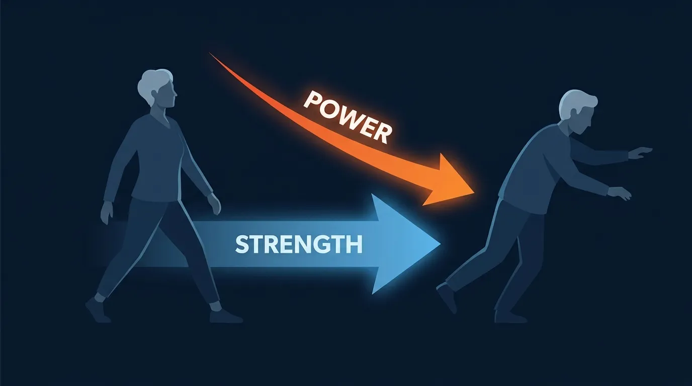 Conceptual illustration showing that muscle power (force times velocity) declines faster than strength with aging and better predicts functional independence in older adults