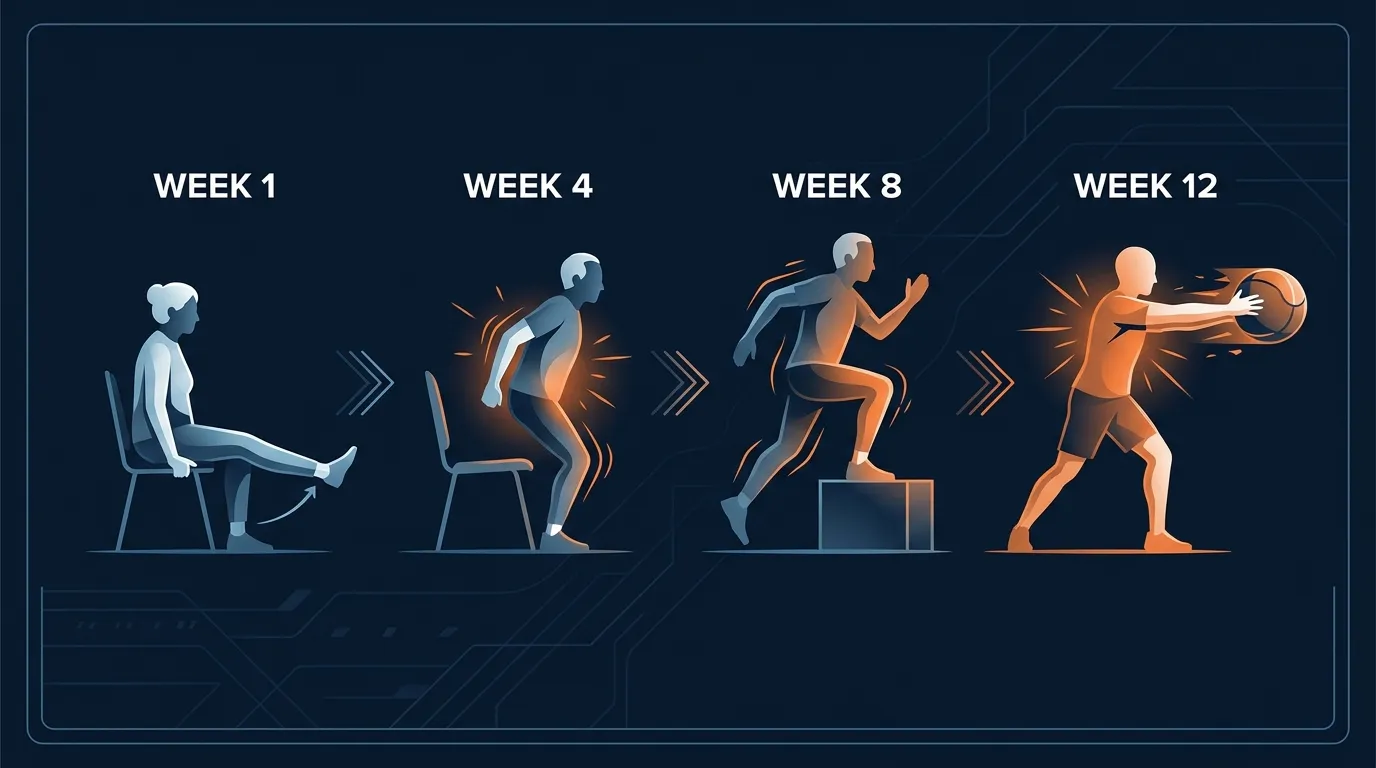 Conceptual illustration showing a 12 week older adult power training progression from base building through velocity focused sessions
