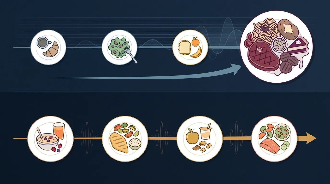 Illustration comparing even protein distribution across four meals versus a back-loaded dinner-heavy pattern