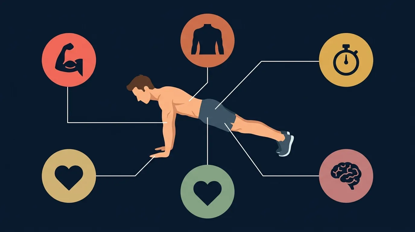 Illustration showing the five fitness qualities the push-up test captures at once: upper-body strength, muscular endurance, core stability, lean mass ratio, and neuromuscular coordination
