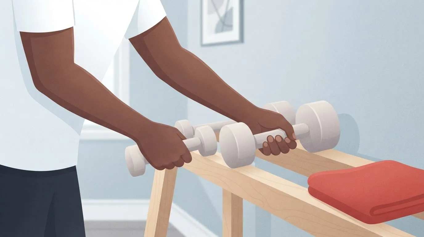 Primer plano de las manos de un hombre sobre un soporte de madera, una dejando una mancuerna pequeña y la otra levantando una más grande, el siguiente paso de una serie piramidal ascendente