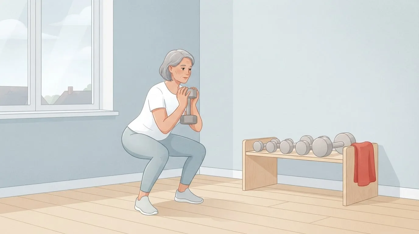 Una mujer de cabello canoso haciendo una sentadilla goblet con una mancuerna durante una sesión de entrenamiento piramidal en un tranquilo rincón de gimnasio en casa, con un soporte de madera con mancuernas más ligeras y más pesadas y una toalla roja cerca