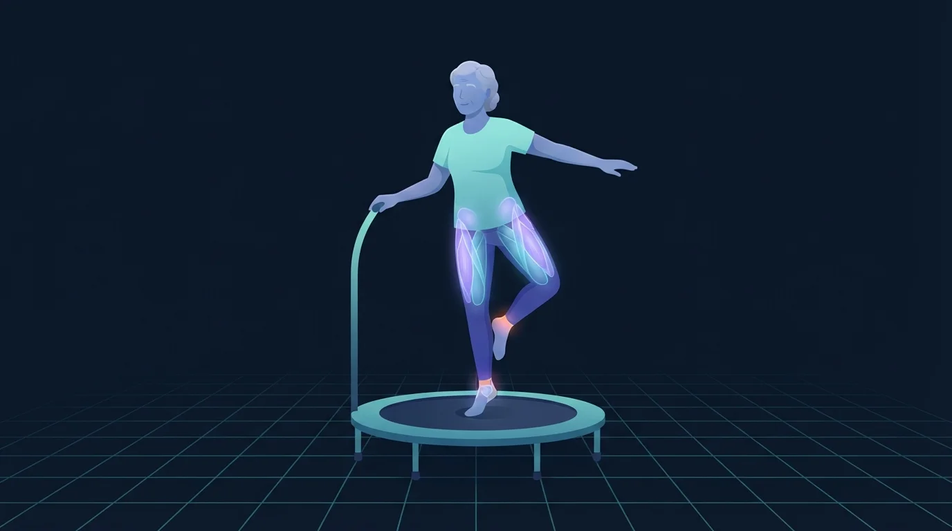 Illustrierte Figur eines älteren Erwachsenen, der auf einem Fuß auf einem Mini-Trampolin balanciert, mit einer Hand auf einer gebogenen Haltestange, wobei Knöchel, Hüfte und Rumpfstabilisatoren in Violett leuchten