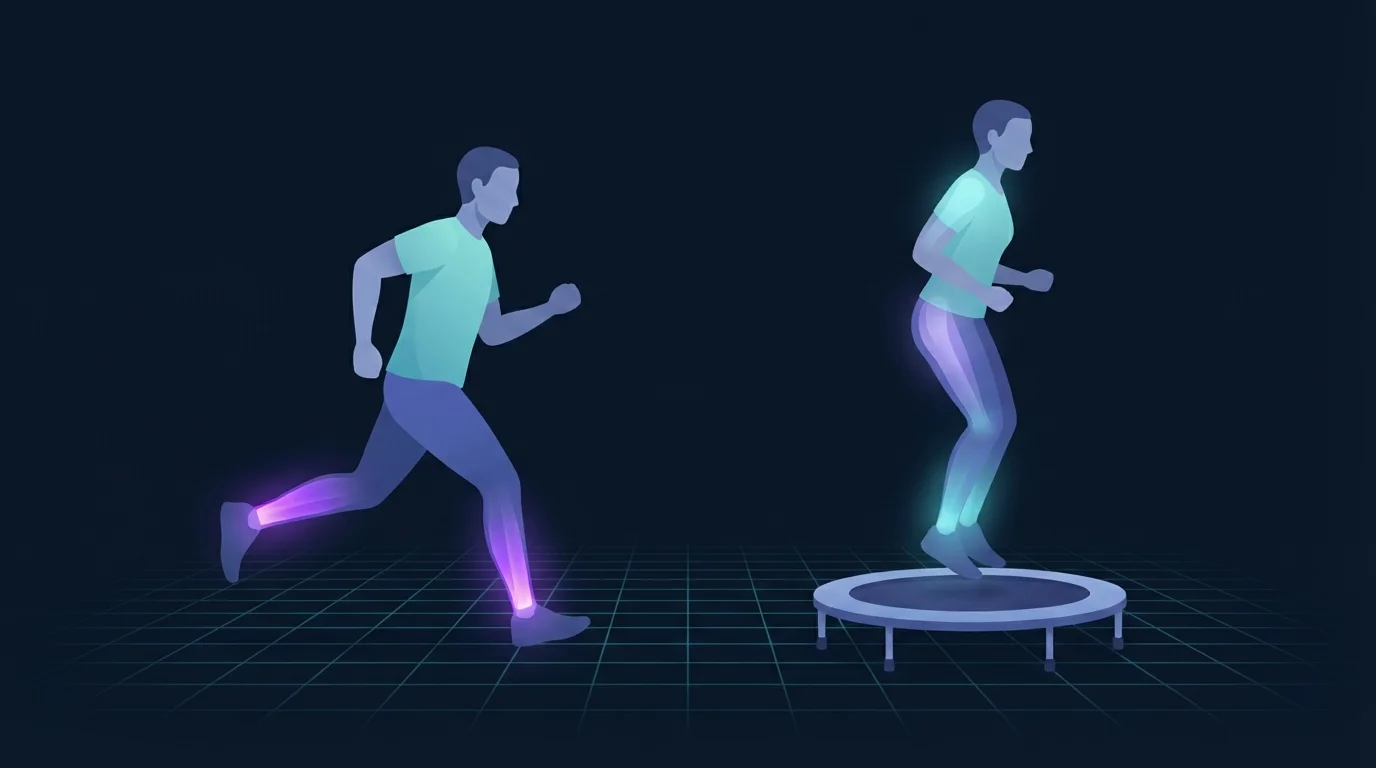 Zwei illustrierte Figuren nebeneinander, eine landet aus einem Lauf mit intensiv leuchtendem Knöchel und dunklem restlichem Körper, eine springt auf einem Mini-Trampolin mit gleichmäßigem Leuchten von den Knöcheln über die Hüften bis zu den Schultern
