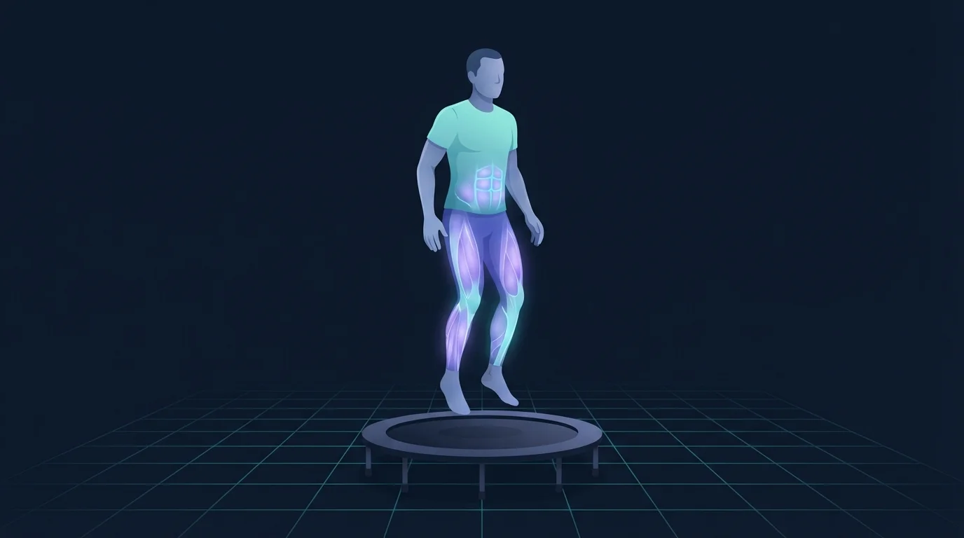 Illustrierte Figur mitten im Sprung auf einem runden Mini-Trampolin, mit weichen Knien und tief gehaltenen Armen, wobei Waden, Quadrizeps und tiefe Rumpfmuskulatur in durchscheinendem Violett und Cyan leuchten