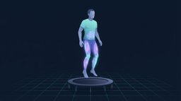 Illustrierte Figur mitten im Sprung auf einem runden Mini-Trampolin, mit weichen Knien und tief gehaltenen Armen, wobei Waden, Quadrizeps und tiefe Rumpfmuskulatur in durchscheinendem Violett und Cyan leuchten