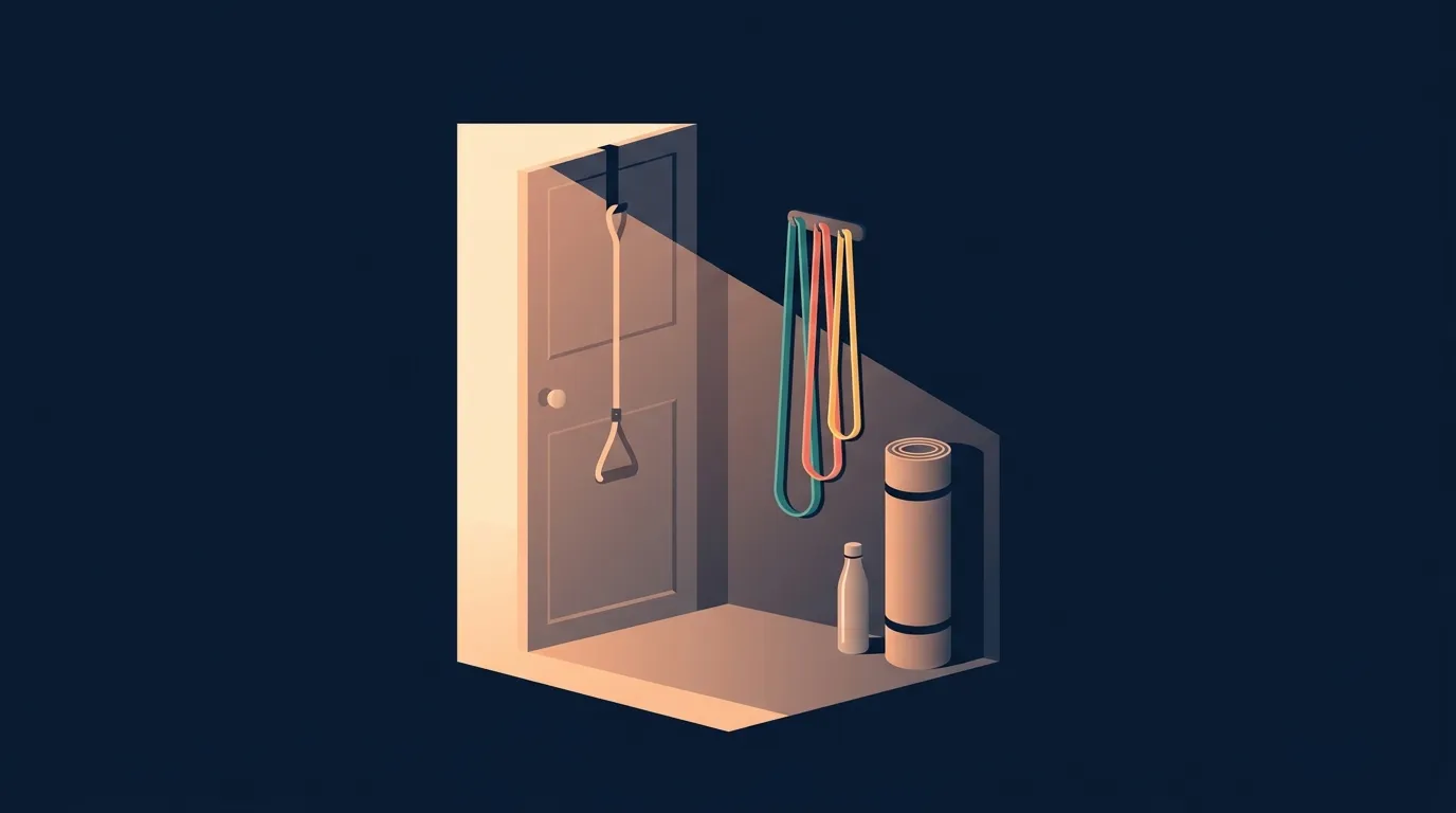 Ilustración conceptual abstracta de un espacio de entrenamiento en casa con un anclaje de puerta y bandas de resistencia de lazo apiladas, representando una configuración de entrenamiento de cuerpo completo portátil, sin etiquetas numéricas