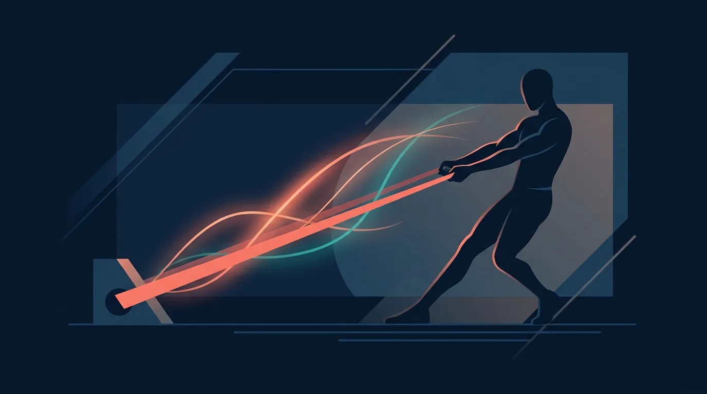 Ilustración conceptual de una banda de resistencia elástica estirada a través de un espacio de entrenamiento con curvas de fuerza abstractas que indican tensión creciente a lo largo del rango de movimiento