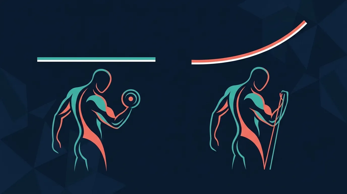 Ilustración conceptual abstracta que compara la curva de carga por gravedad de las pesas libres con la curva de tensión ascendente de las bandas elásticas a lo largo de un rango de movimiento completo, sin etiquetas numéricas