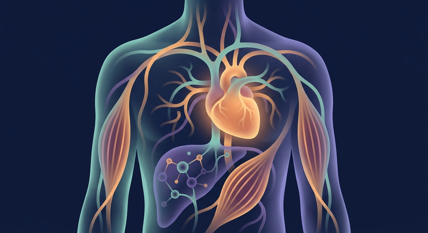 Abstract illustration showing the biological pathways through which resistance training protects health, including muscle preservation, metabolic improvement, and cardiovascular strengthening