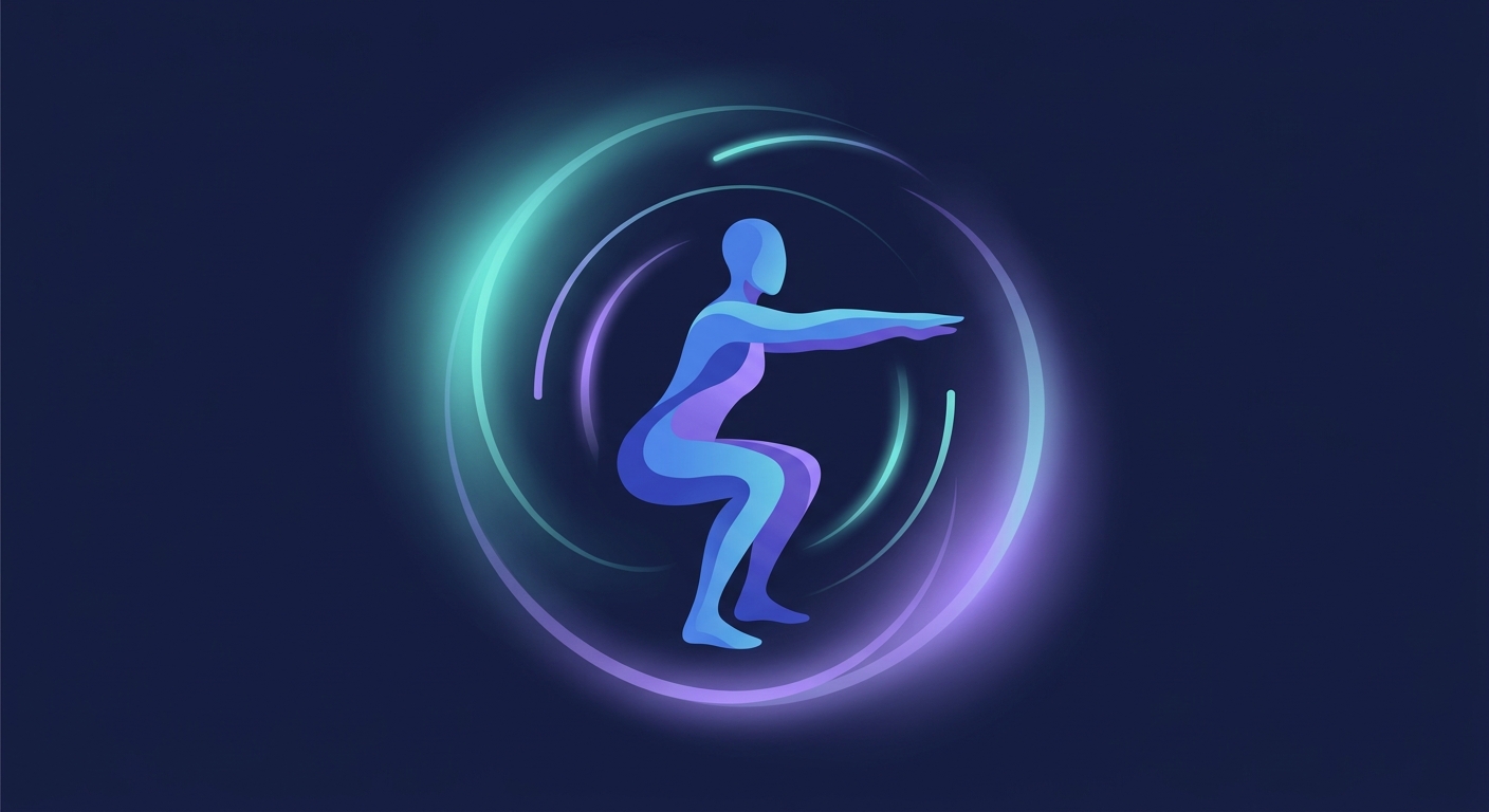 Abstract illustration of a human silhouette performing a bodyweight squat with radiating health benefit indicators representing cardiovascular and cellular protection